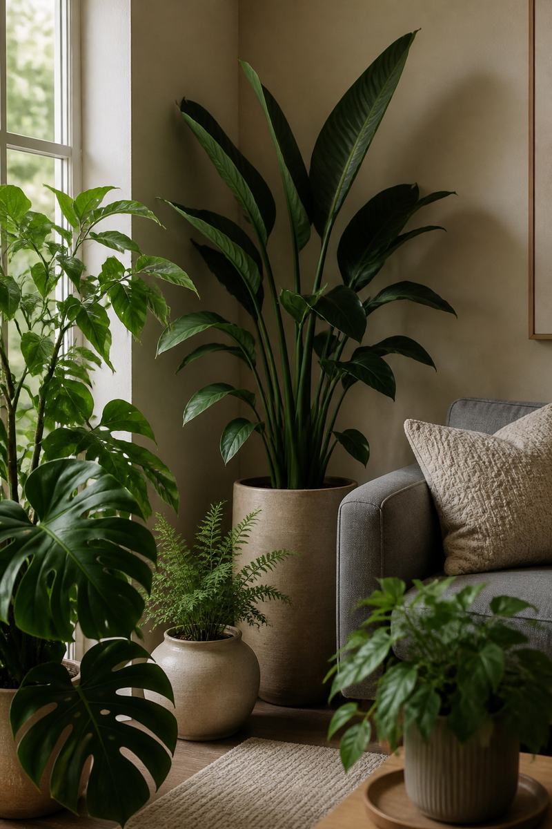 Same space softened with layered indoor plants