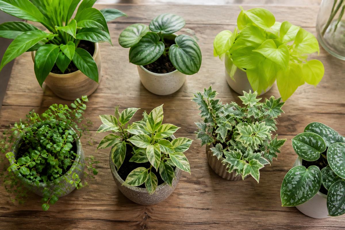 Assorted houseplants arranged on a wooden surface
