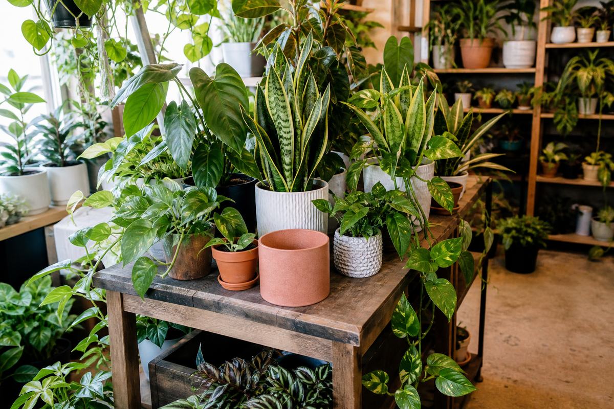 Plant shop shelves filled with houseplants and pots